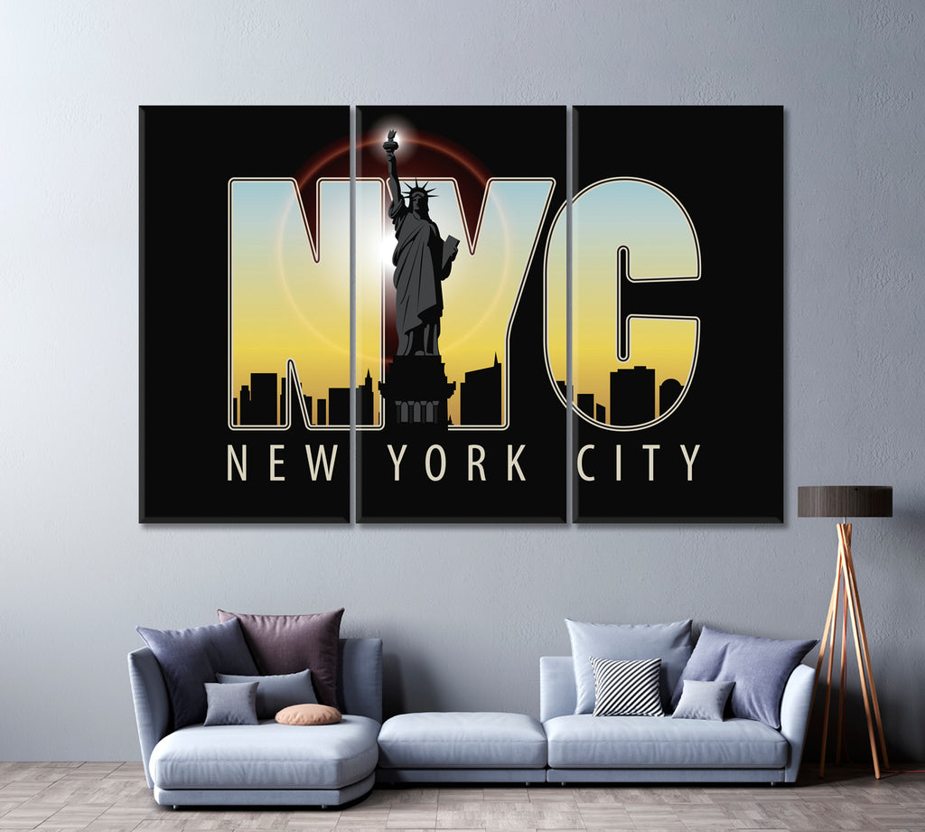 New York City and Statue of Liberty Canvas Print ArtLexy 3 Panels 36"x24" inches 