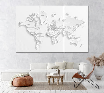 White Political World Map Canvas Print ArtLexy 3 Panels 36"x24" inches 