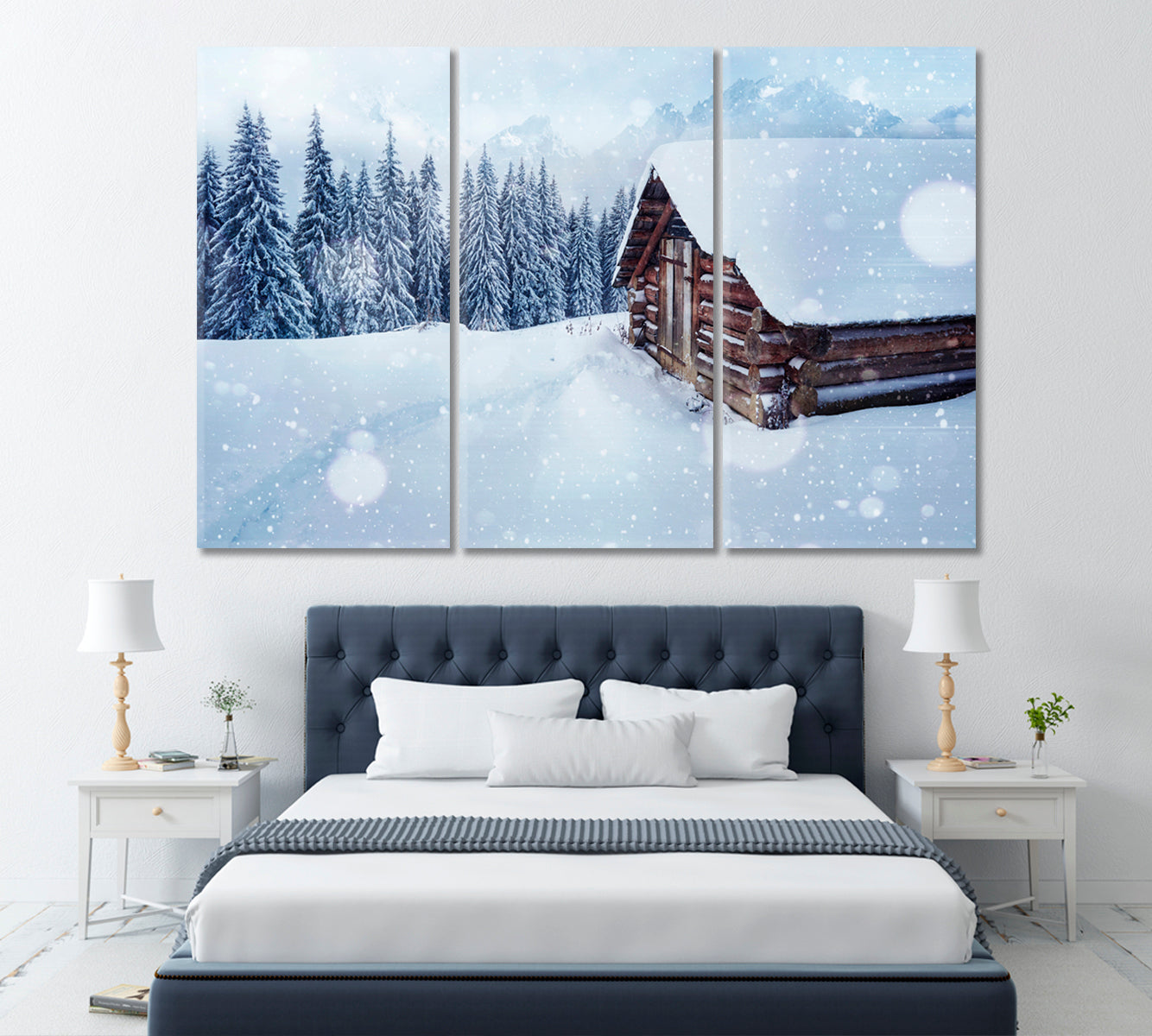 Wooden Hut in Snowy Mountains Carpathian Canvas Print ArtLexy 3 Panels 36"x24" inches 
