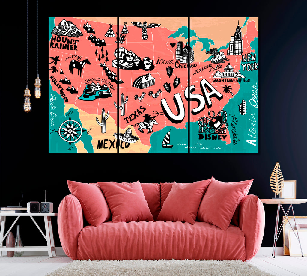 Illustrated Map of USA Canvas Print ArtLexy 3 Panels 36"x24" inches 