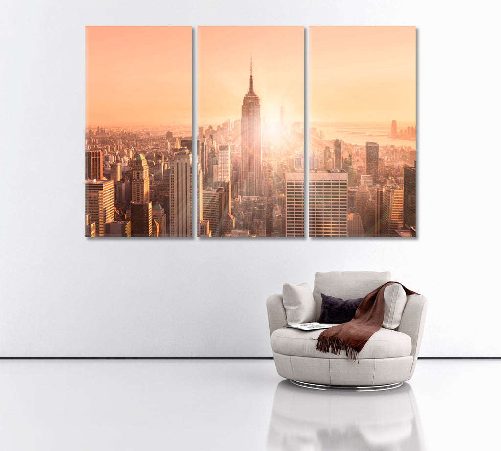 Manhattan Downtown Skyline at Sunset Canvas Print ArtLexy 3 Panels 36"x24" inches 