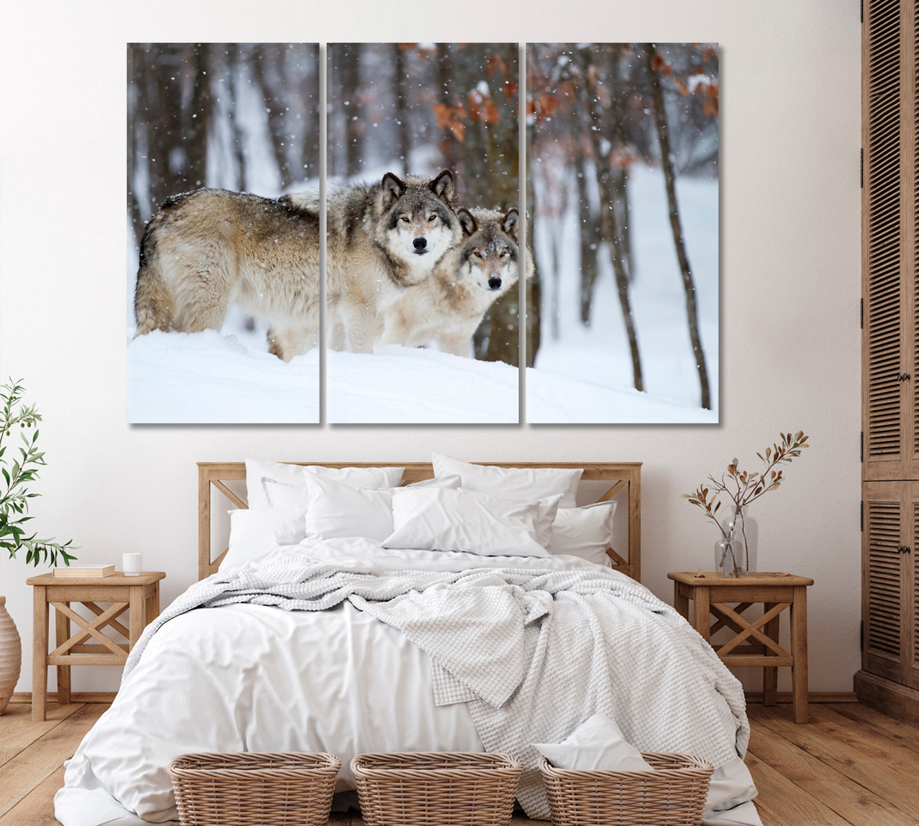 Wild Wolves in Winter Forest Canvas Print ArtLexy 3 Panels 36"x24" inches 