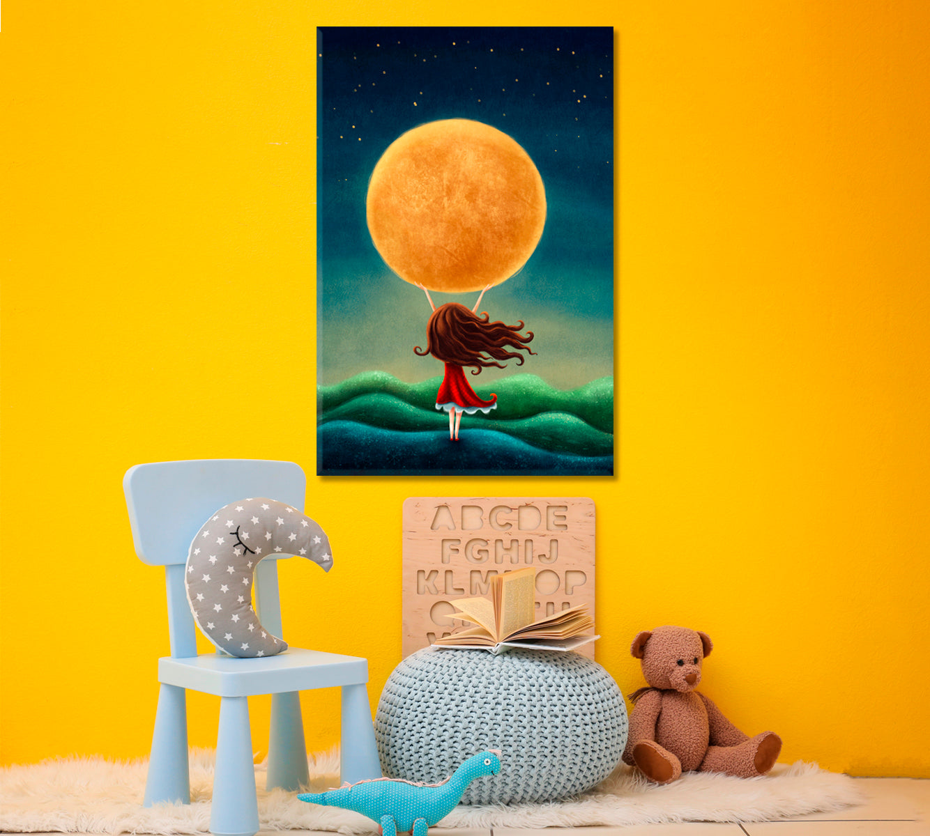 Little Girl Holds the Moon Canvas Print ArtLexy 1 Panel 16"x24" inches 