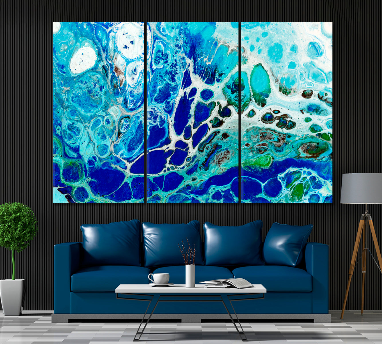 Blue Watercolour Liquid Pattern Canvas Print ArtLexy 3 Panels 36"x24" inches 