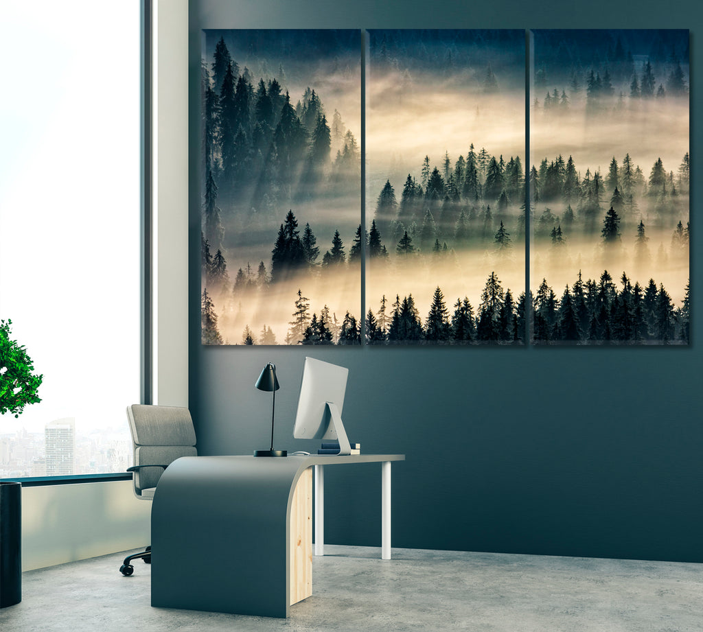 Misty Mountain Landscape with Fir Forest Canvas Print ArtLexy 3 Panels 36"x24" inches 