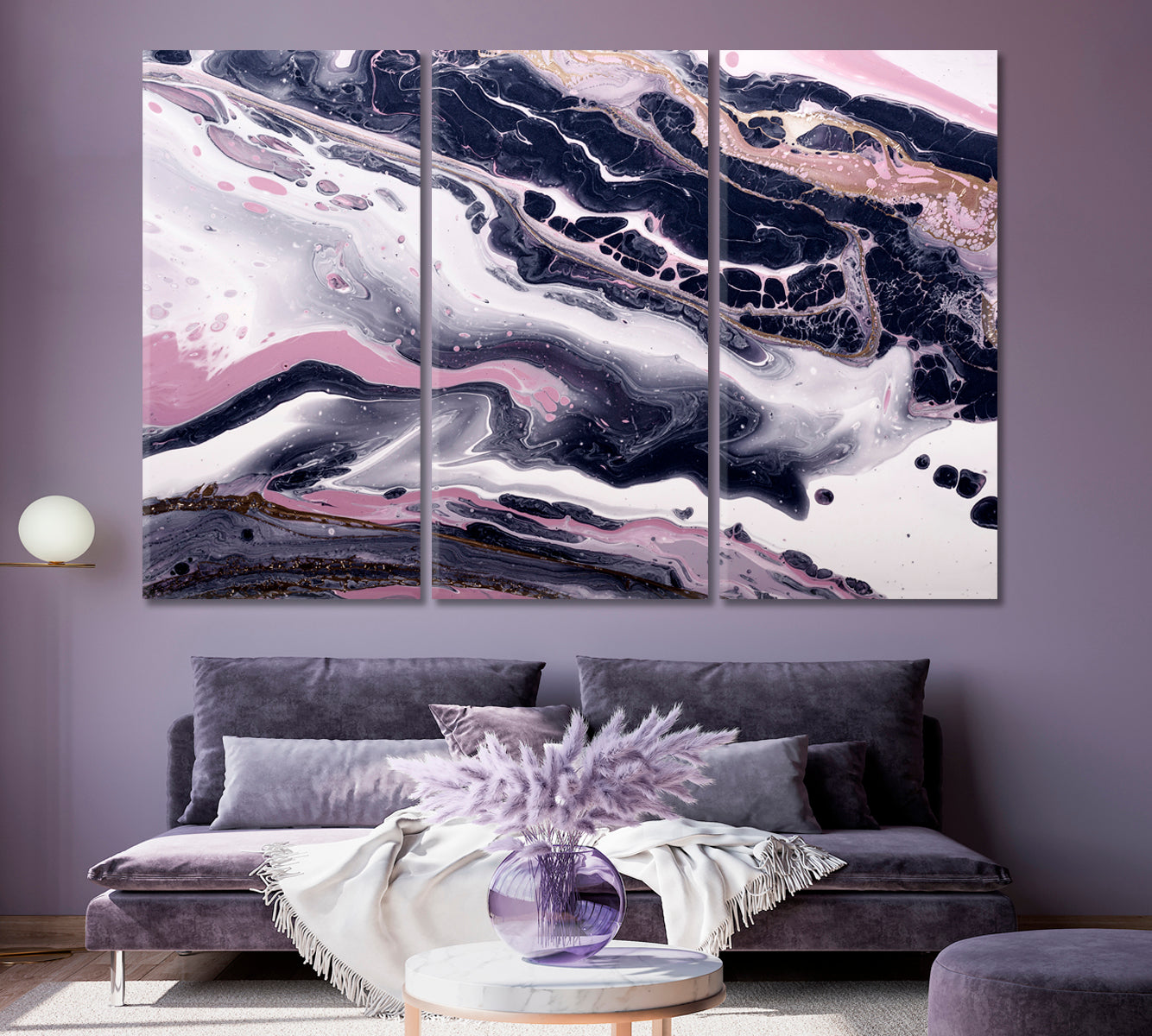 Abstract Lilac Wavy Marble Canvas Print ArtLexy 3 Panels 36"x24" inches 