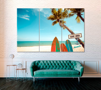 Surfboards on Tropical Beach with Palm Trees Canvas Print ArtLexy 3 Panels 36"x24" inches 