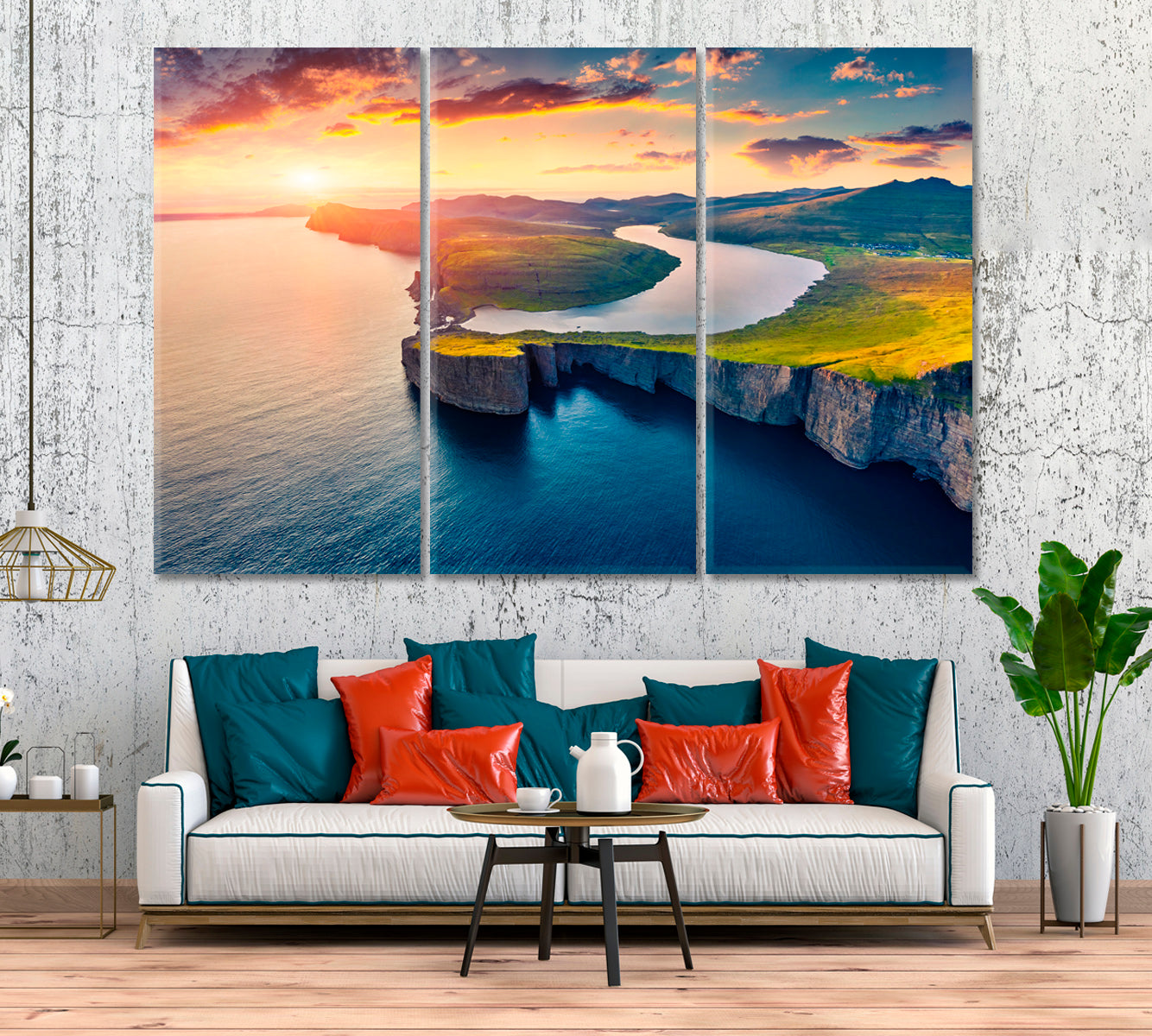 Lake Sorvagsvatn Over Ocean Faroe Islands Canvas Print ArtLexy 3 Panels 36"x24" inches 
