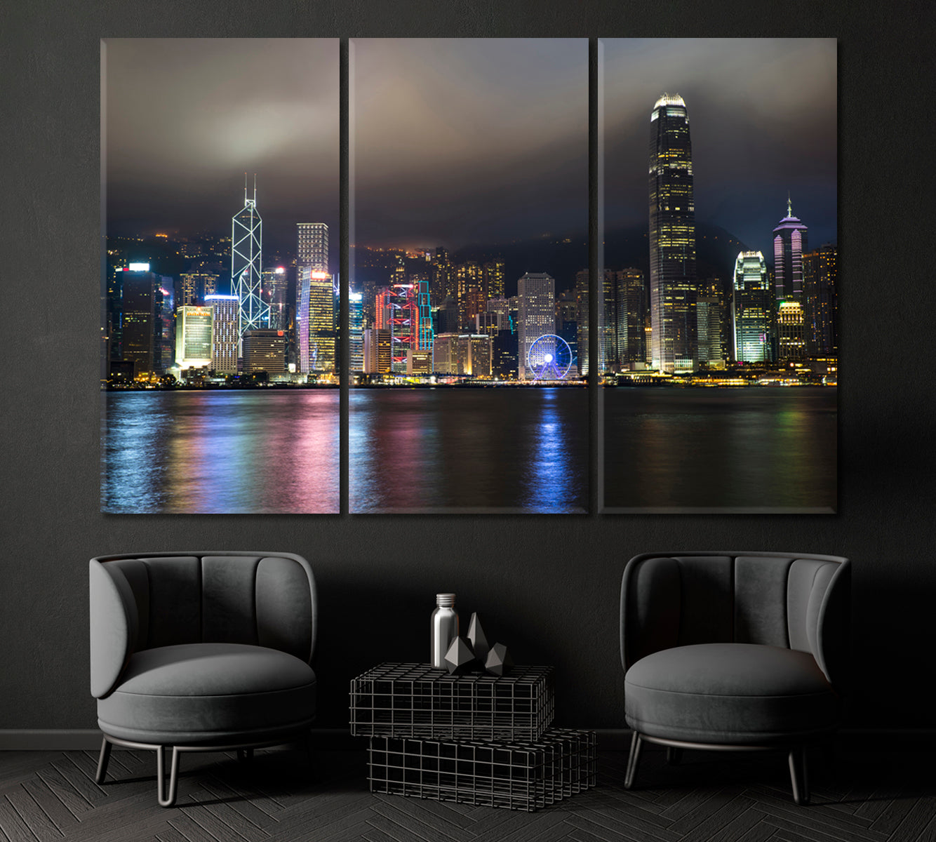 Hong Kong Victoria Harbour at Night Canvas Print ArtLexy 3 Panels 36"x24" inches 