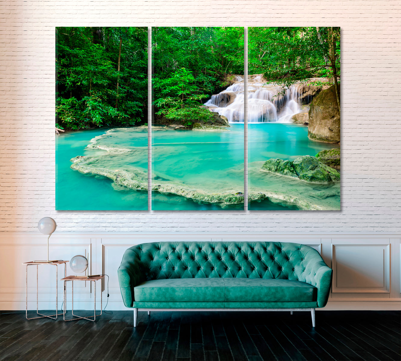Waterfall in Tropical forest at Erawan National Park Thailand Canvas Print ArtLexy 3 Panels 36"x24" inches 