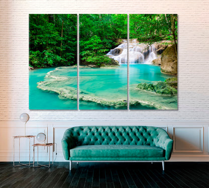 Waterfall in Tropical forest at Erawan National Park Thailand Canvas Print ArtLexy 3 Panels 36"x24" inches 
