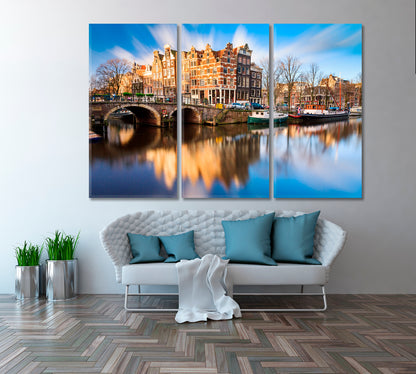 Prinsengracht and Brouwersgracht Canals Amsterdam Netherlands Canvas Print ArtLexy 3 Panels 36"x24" inches 