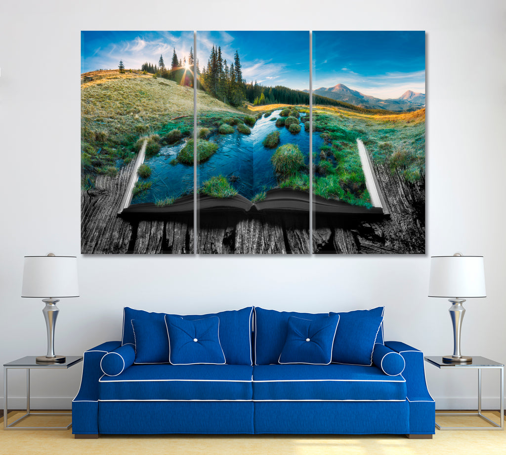 Alpine Mountain Valley on Pages of Magical Book Canvas Print ArtLexy 3 Panels 36"x24" inches 