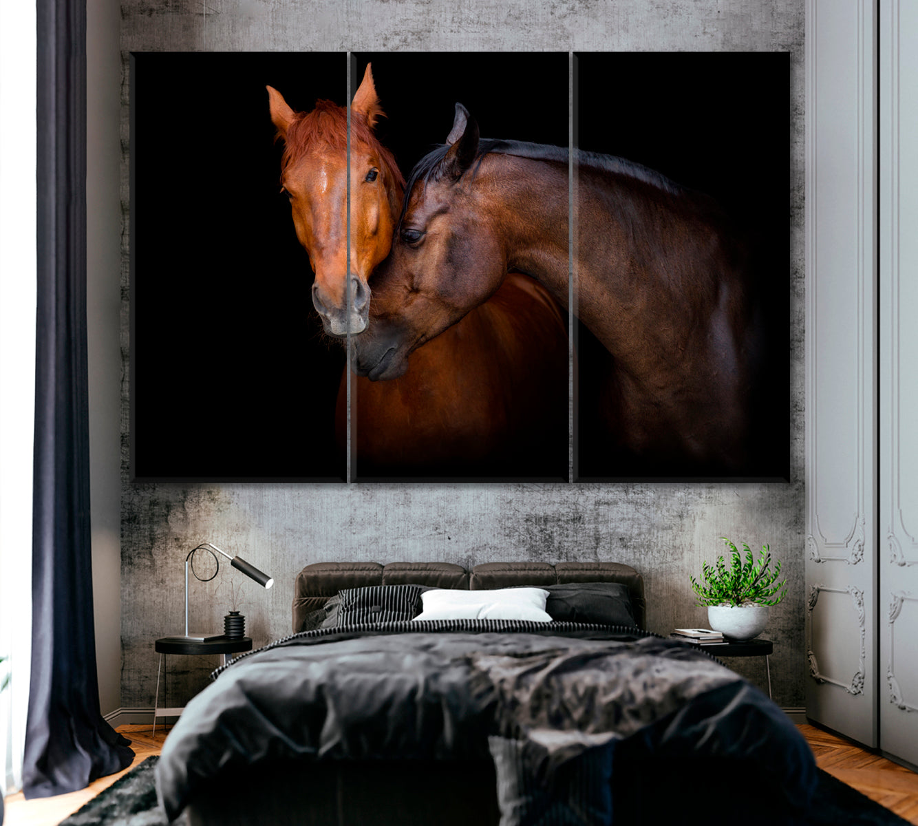 Portrait of Two Horses Canvas Print ArtLexy 3 Panels 36"x24" inches 