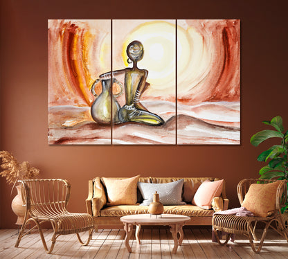 African Woman Looking at Sunset Canvas Print ArtLexy 3 Panels 36"x24" inches 
