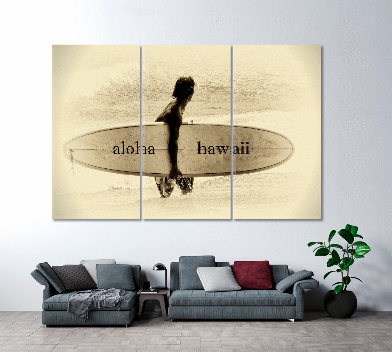 Surfer with Longboard Standing in Ocean Canvas Print ArtLexy 3 Panels 36"x24" inches 