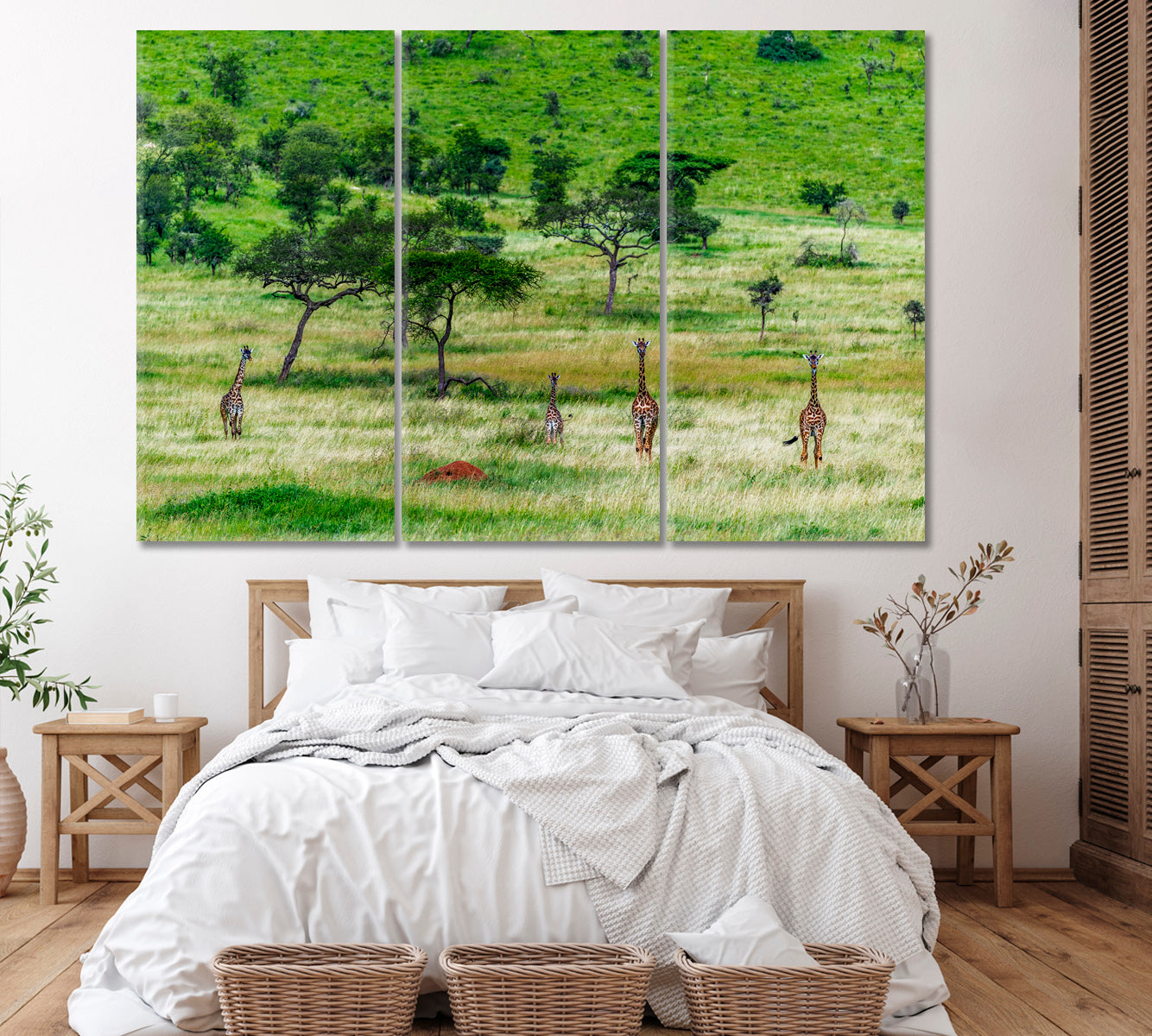 Giraffe On Savanna Landscape Canvas Print ArtLexy 3 Panels 36"x24" inches 