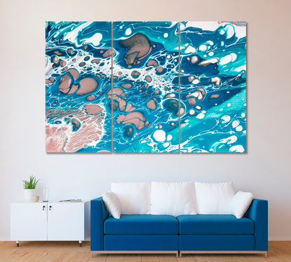 Mixed Liquid Blue Paints Fluid Art Canvas Print ArtLexy 3 Panels 36"x24" inches 