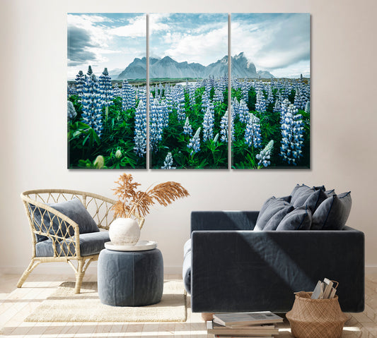 Vestrahorn (Batman Mountain) with Blooming Lupine Flowers Canvas Print ArtLexy 3 Panels 36"x24" inches 