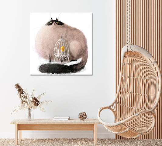 Cute Fluffy Cat and Bird Canvas Print ArtLexy 1 Panel 12"x12" inches 