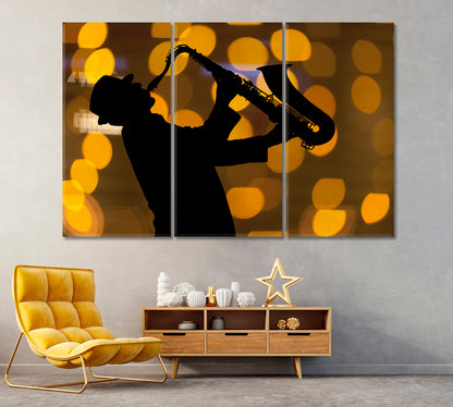 Saxophonist Against Beautiful Lights Canvas Print ArtLexy 3 Panels 36"x24" inches 