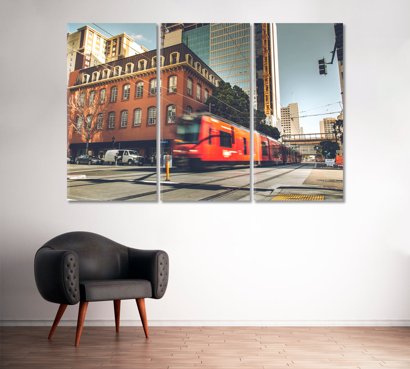 San Diego Downtown with Red Train Canvas Print ArtLexy 3 Panels 36"x24" inches 