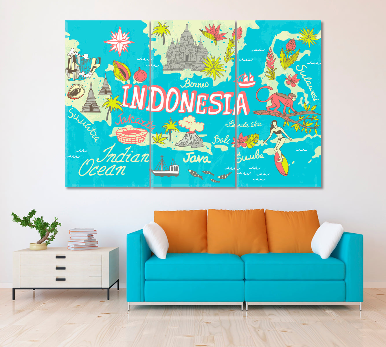 Map of Indonesia with Attractions Canvas Print ArtLexy 3 Panels 36"x24" inches 