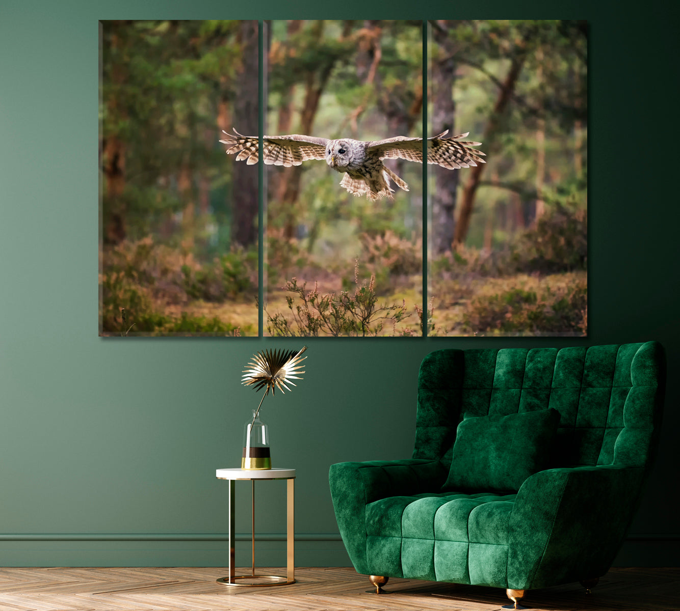 Tawny Owl in Forest Canvas Print ArtLexy 3 Panels 36"x24" inches 