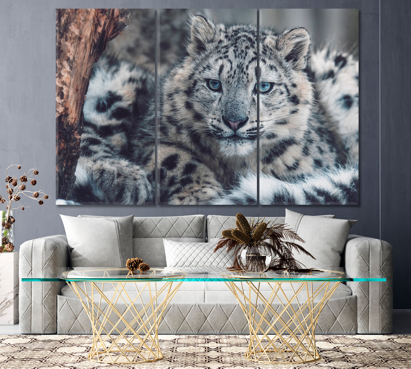 Snow Leopard Portrait Canvas Print ArtLexy 3 Panels 36"x24" inches 