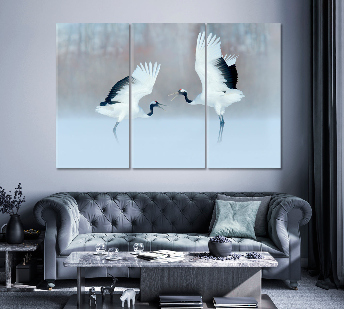 Red-crowned Crane Couple in Winter Japan Canvas Print ArtLexy 3 Panels 36"x24" inches 