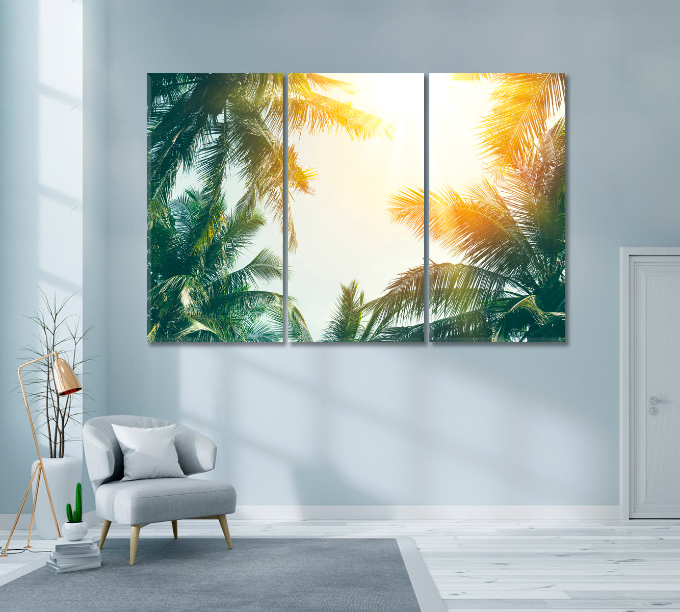 Tropical Palm Tree with Sun Light Canvas Print ArtLexy 3 Panels 36"x24" inches 