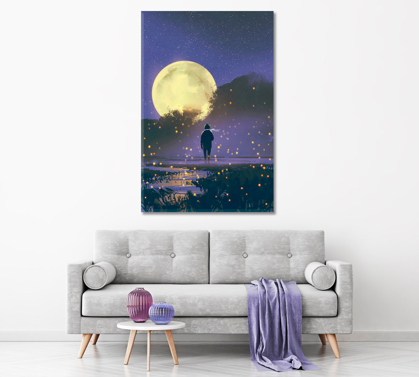 Man Standing in Swamp with Fireflies and Full Moon Canvas Print ArtLexy   