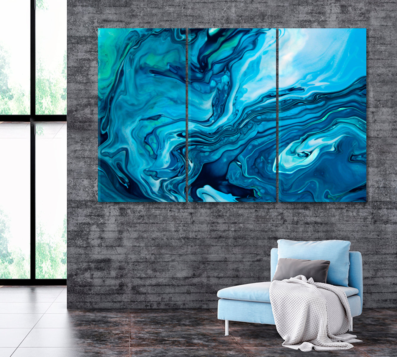 Blue Marble Abstract Painting Canvas Print ArtLexy 3 Panels 36"x24" inches 