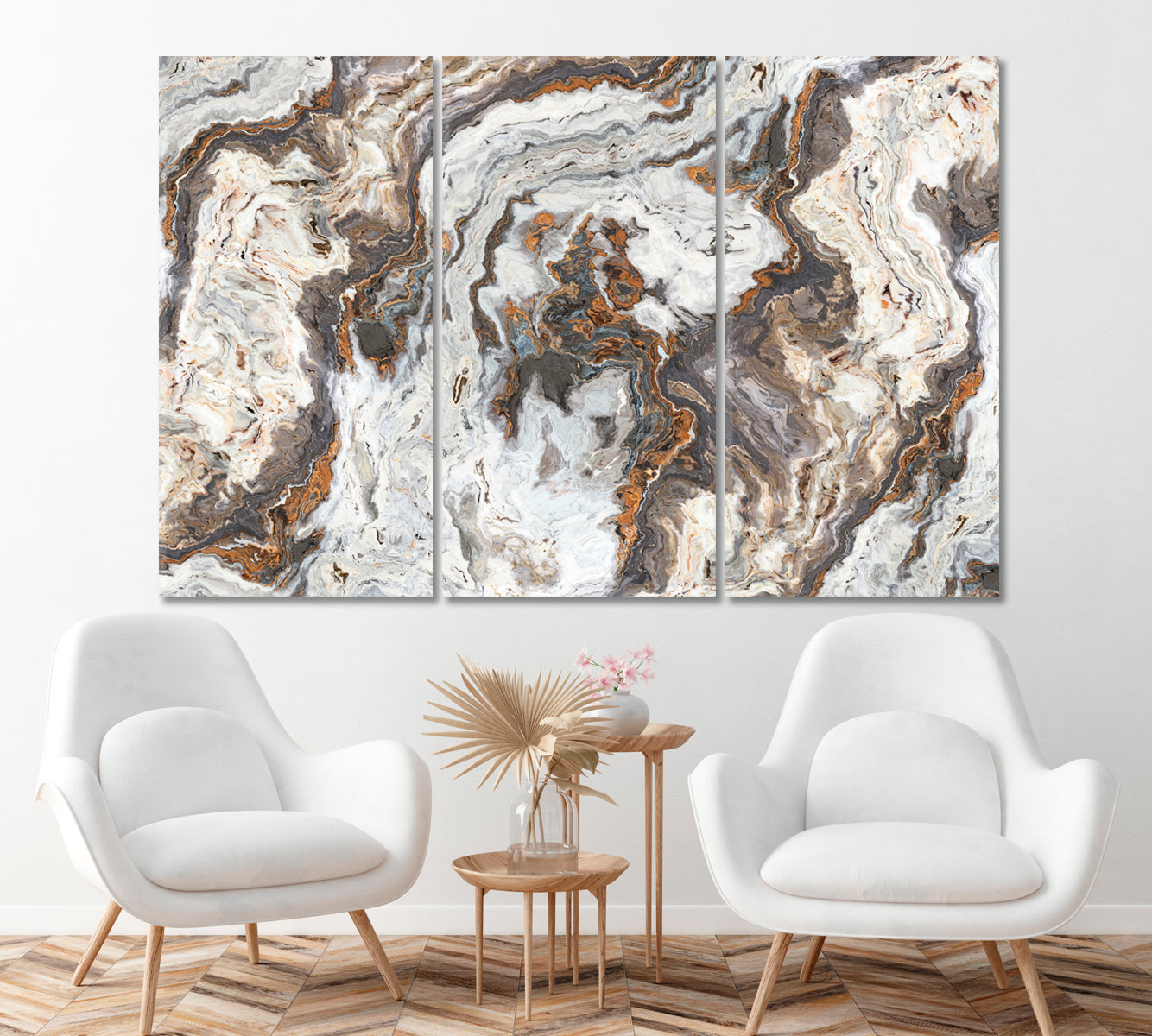 Natural Marble with Curly Grey and Gold Veins Canvas Print ArtLexy 3 Panels 36"x24" inches 