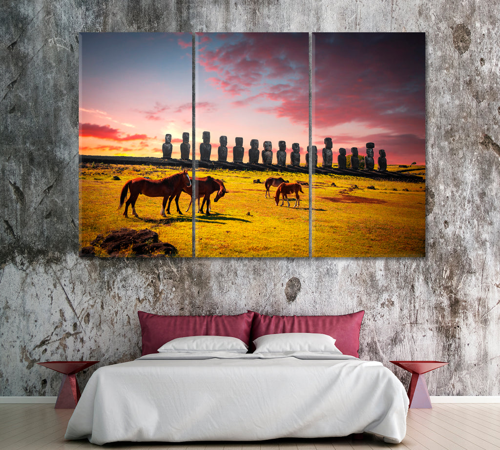 Wild Horses on Easter Island Chile Canvas Print ArtLexy 3 Panels 36"x24" inches 