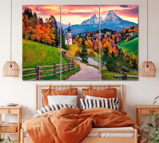 Maria Gern Church and Hochkalter Peak Bavaria Canvas Print ArtLexy 3 Panels 36"x24" inches 