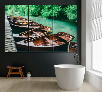 Wooden Boats in Plitvice Lakes National Park Croatia Canvas Print ArtLexy 3 Panels 36"x24" inches 