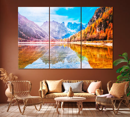 Autumn Landscape in Dolomite Alps Italy Canvas Print ArtLexy 3 Panels 36"x24" inches 