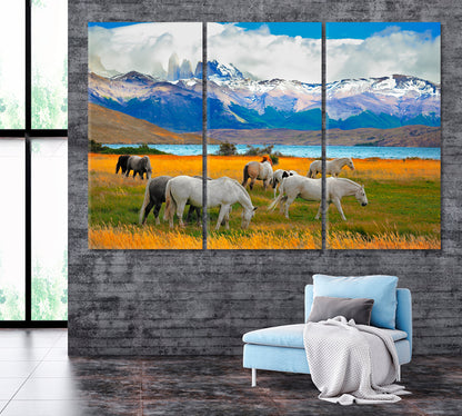 Horses in Torres del Paine National Park Canvas Print ArtLexy 3 Panels 36"x24" inches 