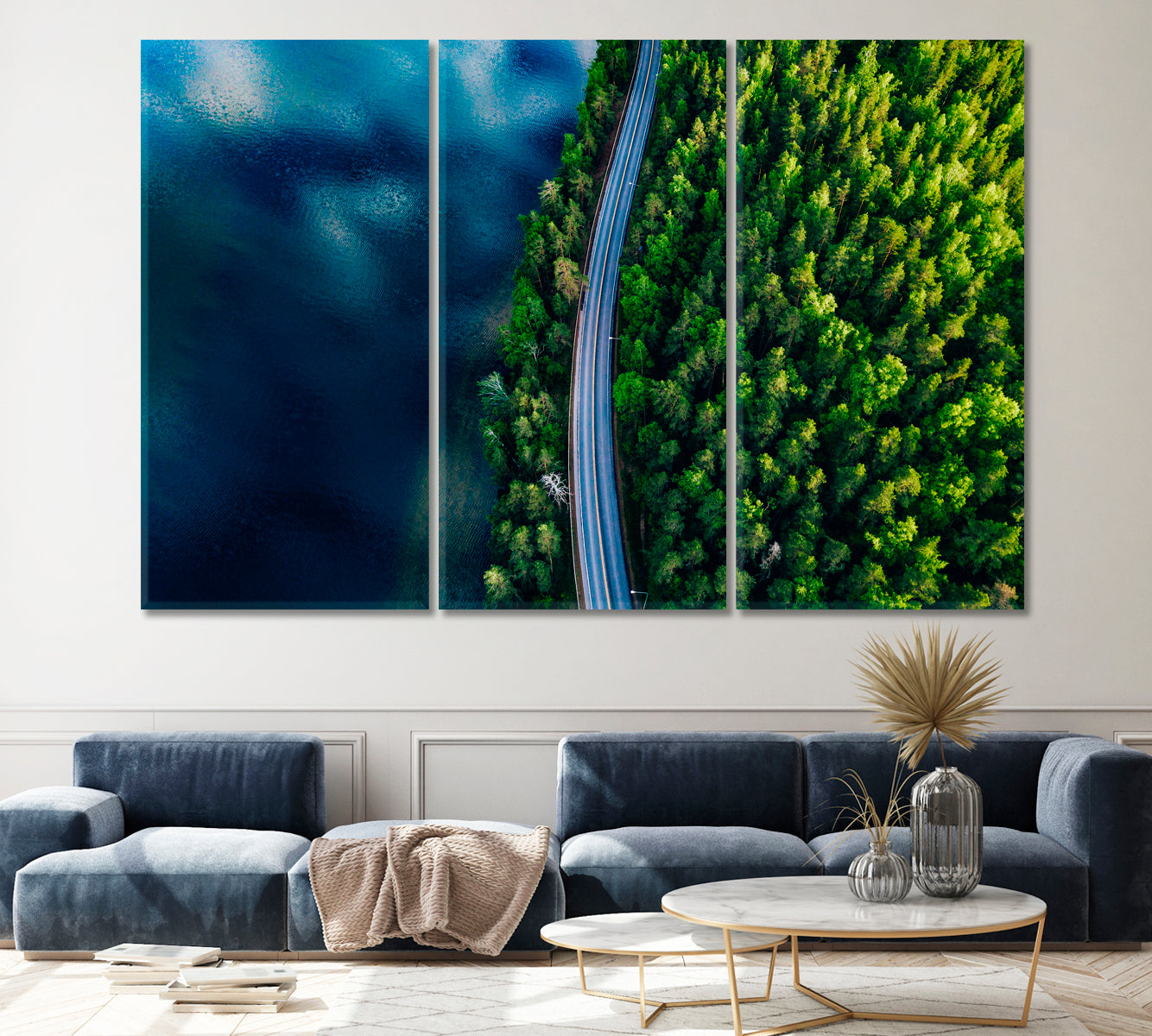 Forest and Blue Lake in Finland Canvas Print ArtLexy 3 Panels 36"x24" inches 
