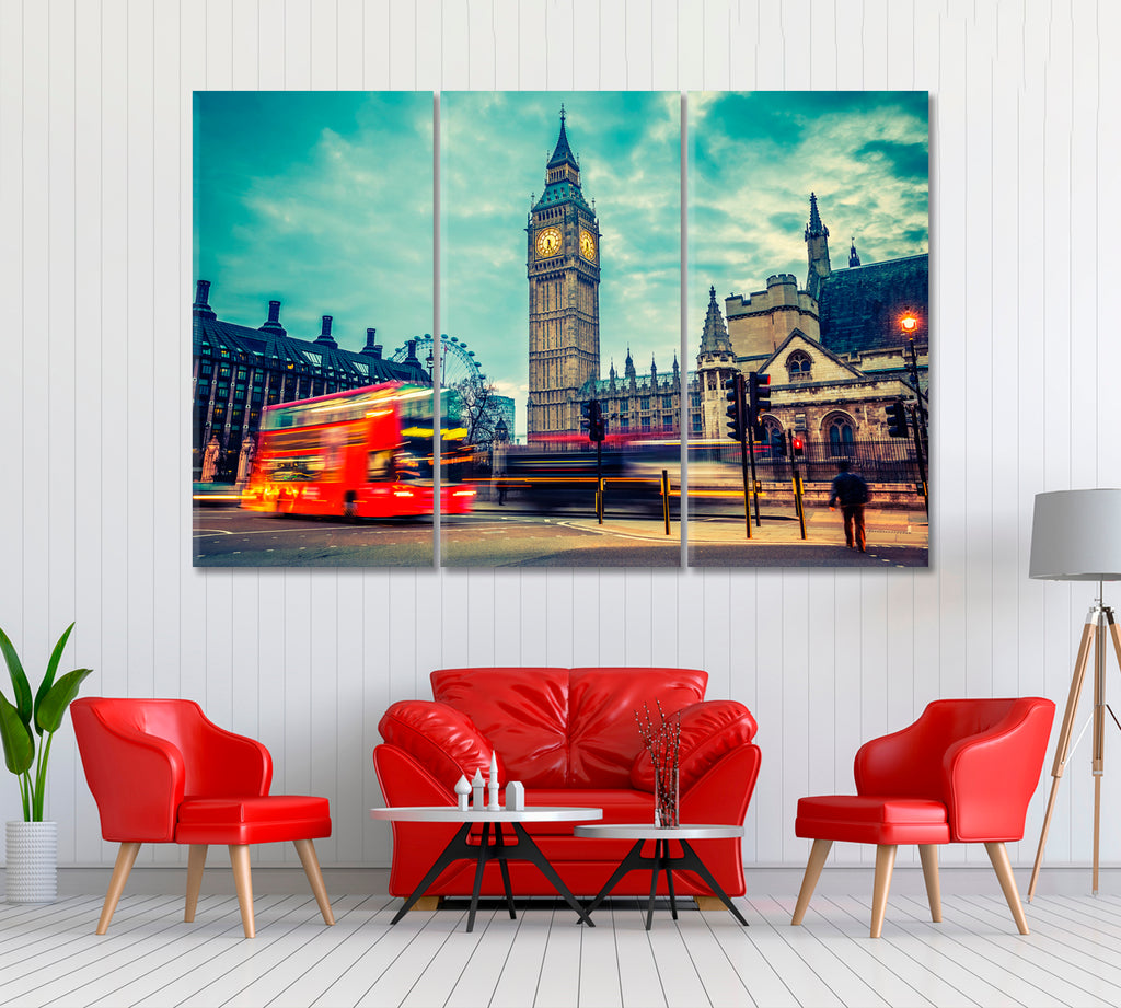 Night London with Double-Decker Bus Canvas Print ArtLexy 3 Panels 36"x24" inches 