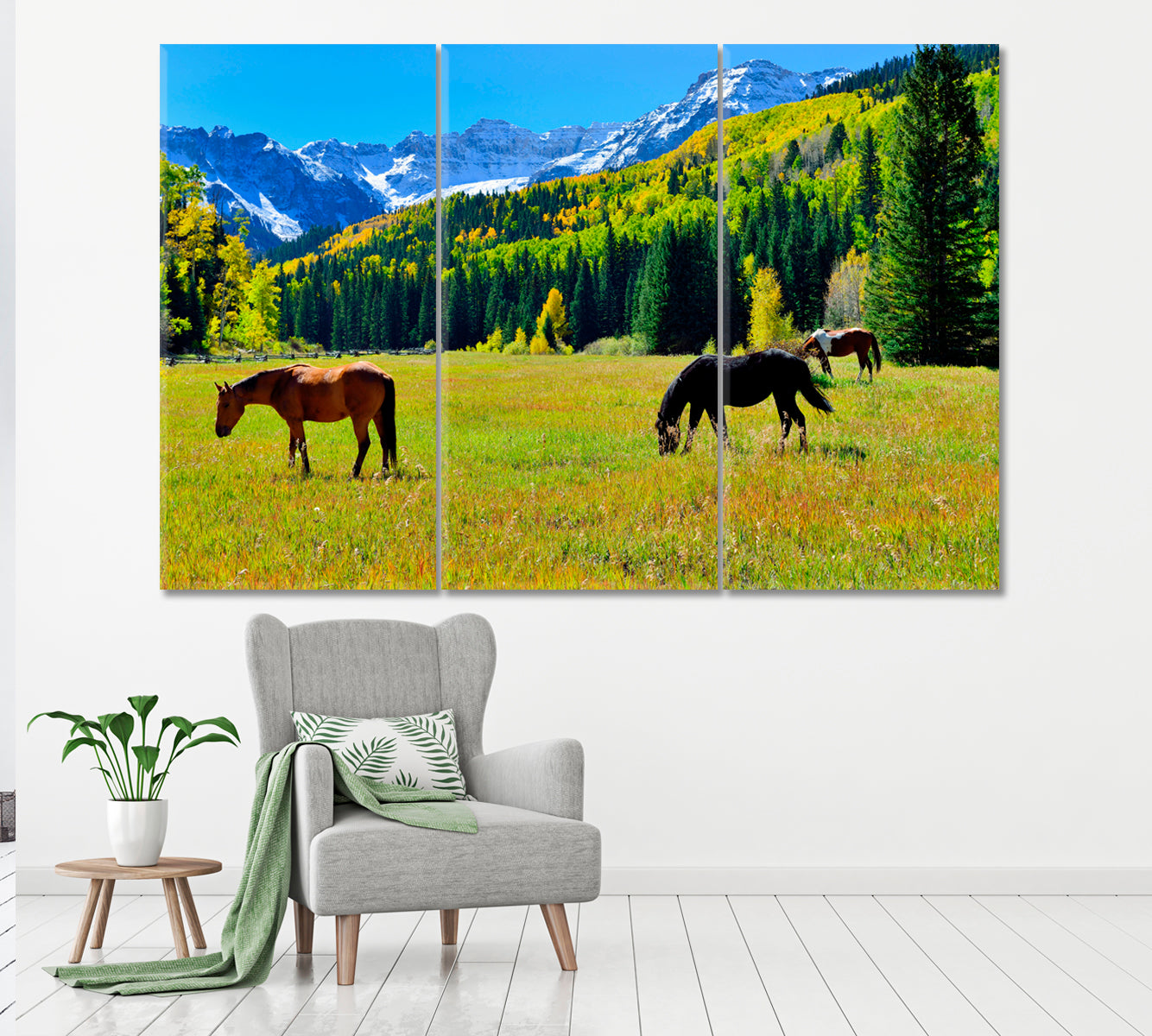 Horses in Rocky Mountains Canvas Print ArtLexy 3 Panels 36"x24" inches 