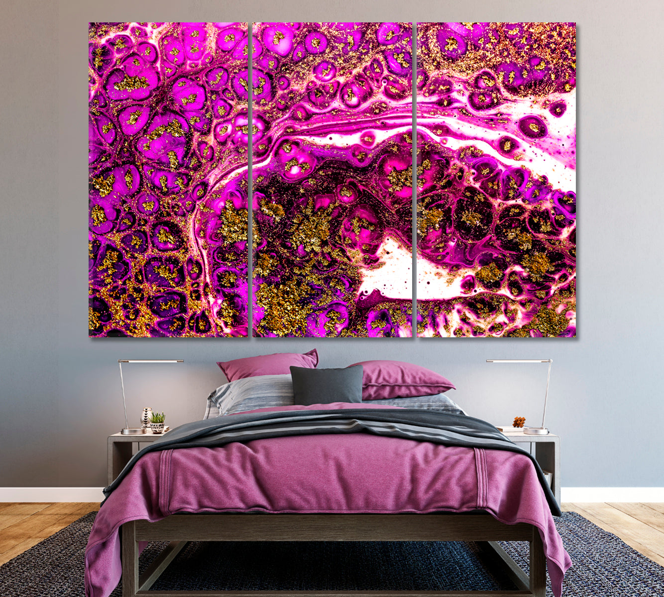 Luxury Fuchsia and Gold Painting Canvas Print ArtLexy 3 Panels 36"x24" inches 