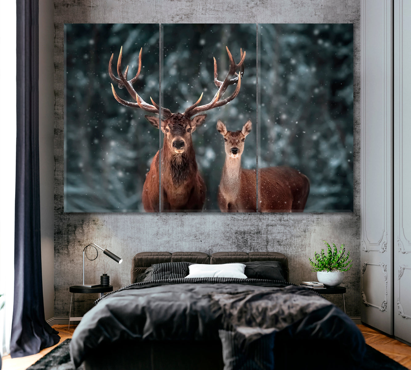 Red Deer in Winter Forest Canvas Print ArtLexy 3 Panels 36"x24" inches 
