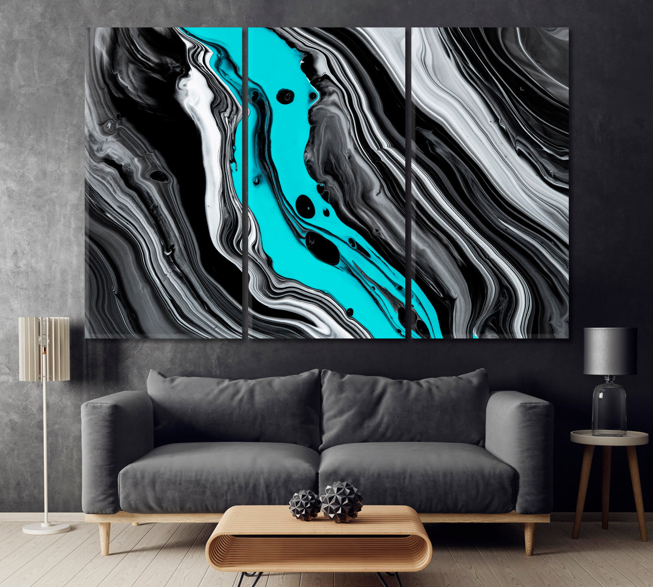 Abstract Mixed Black Wavy Marble Canvas Print ArtLexy 3 Panels 36"x24" inches 