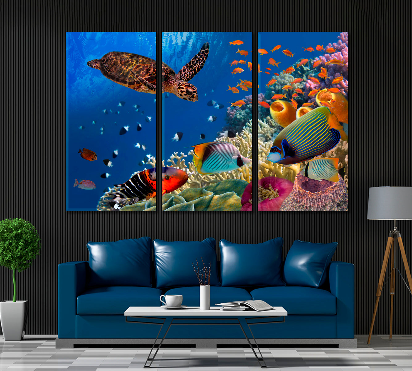 Red Sea Colorful Coral Reef with Fishes and Turtle Egypt Canvas Print ArtLexy 3 Panels 36"x24" inches 