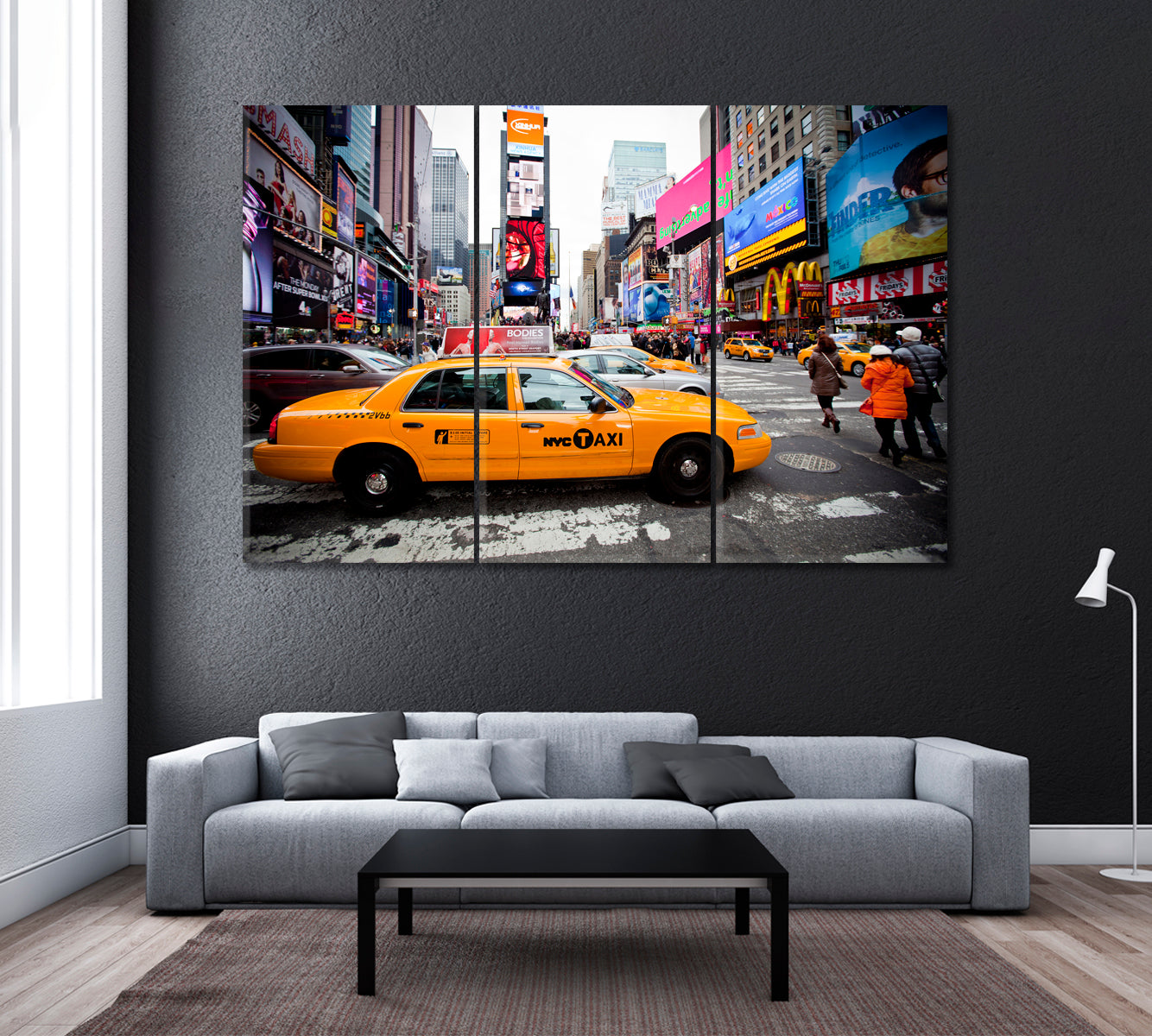 Yellow Taxi in Times Square Canvas Print ArtLexy 3 Panels 36"x24" inches 
