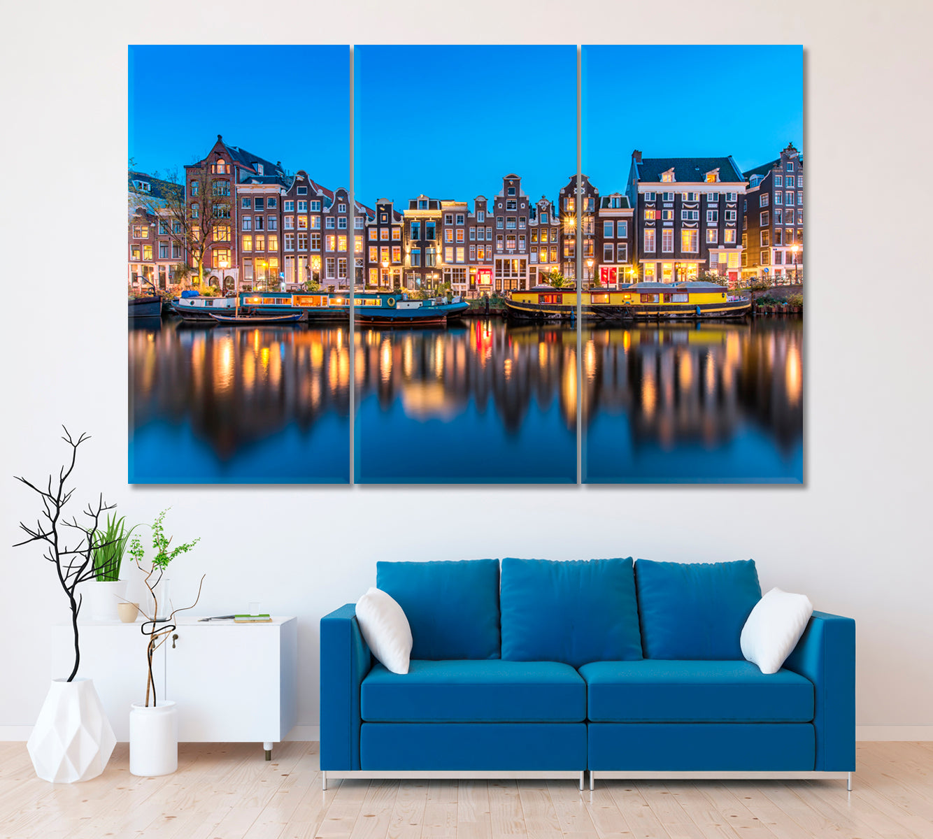 Amsterdam Singel Canal Canvas Print ArtLexy 3 Panels 36"x24" inches 