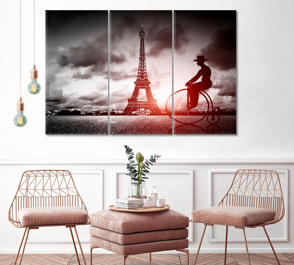 Man on Penny-Farthing Bicycle next to Eiffel Tower Canvas Print ArtLexy 3 Panels 36"x24" inches 