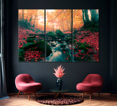 Stream in Autumn Forest Canvas Print ArtLexy 3 Panels 36"x24" inches 